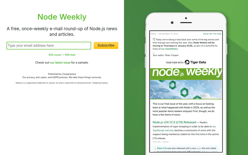 Node Weekly newsletter preview