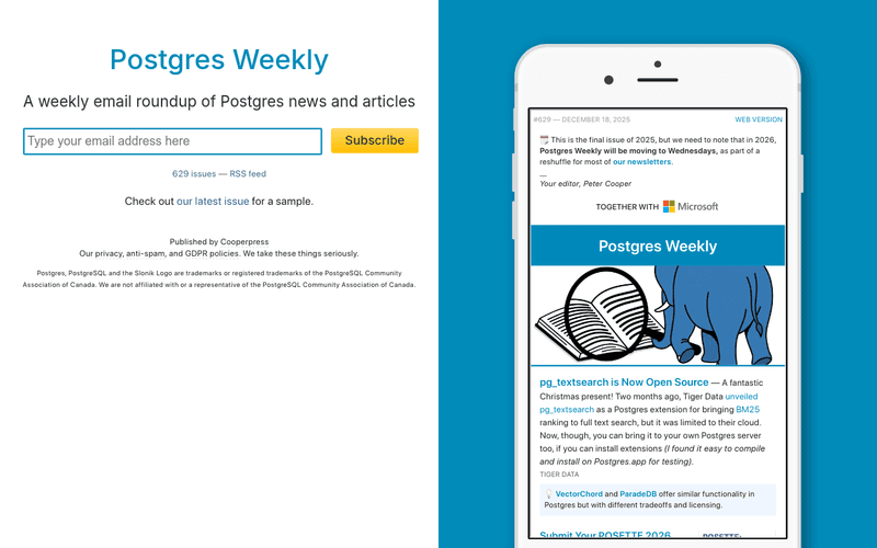 Postgres Weekly newsletter preview