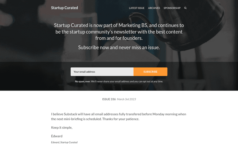 Startup Curated newsletter preview